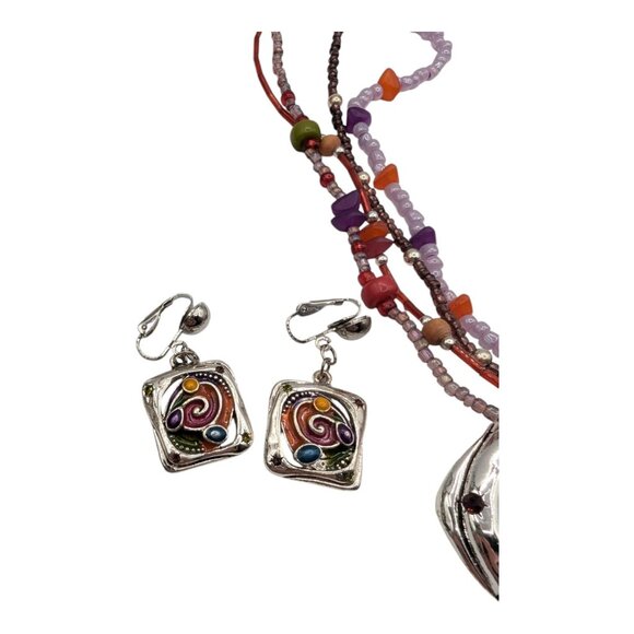 Boho Colorful Beaded Necklace & Earrings Set With Abstract Pendant Demi Parure - Picture 3 of 6
